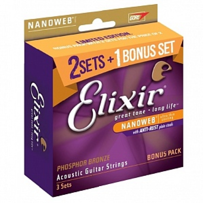 Струны для акустической гитары Elixir 16544 NANOWEB, 11-52, фосфорная бронза (USA) набор 3 комплекта струн