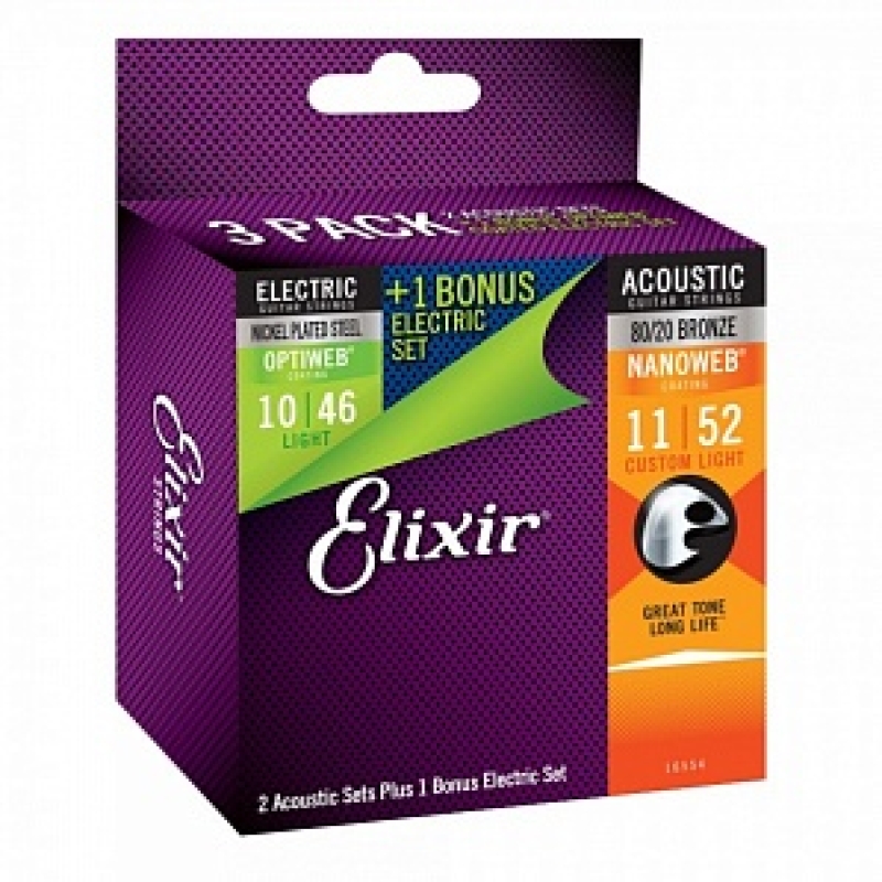 Струны для акустической гитары Elixir 16544 NANOWEB, 11-52, фосфорная бронза (USA) набор 3 комплекта струн