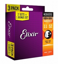 Струны для акустической гитары Elixir 16544 NANOWEB, 11-52, фосфорная бронза (USA) набор 3 комплекта струн